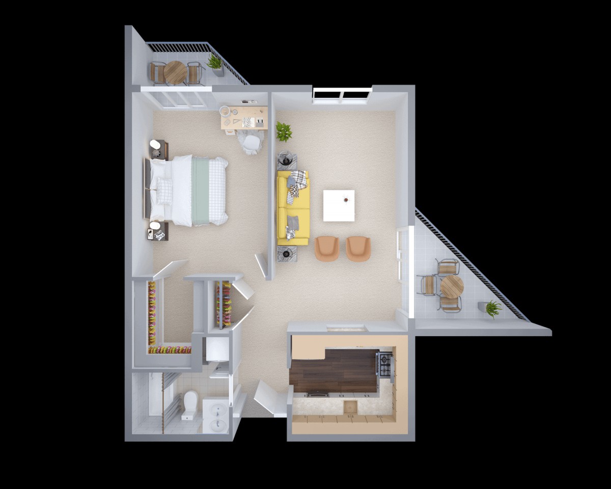 A detailed floor plan of a one-bedroom apartment featuring a living room, kitchen, bathroom, and a balcony.