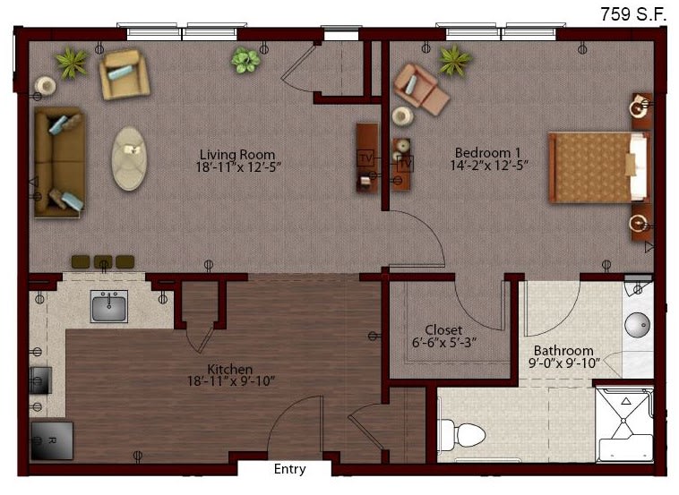 A floor plan of an apartment showing the layout of a living room, kitchen, bedroom, and bathroom.