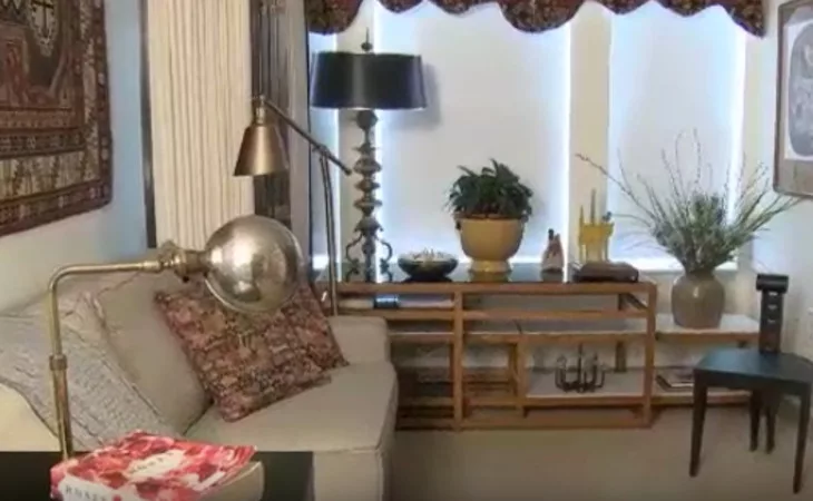 A cozy living room with a sofa, decorative pillows, a table lamp, and plants on the coffee table in front of window blinds.