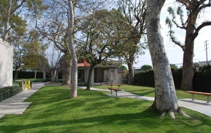 A serene park setting with lush green grass, trees, and a pathway.