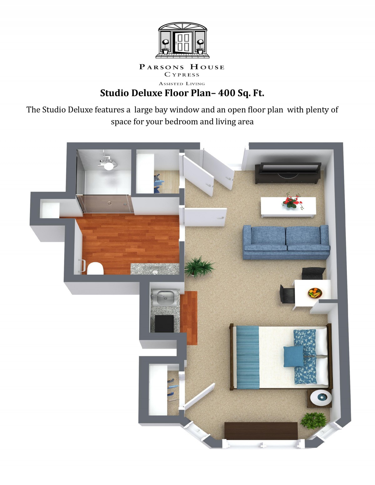 A 3D floor plan of a studio apartment featuring an open layout with designated areas for a bedroom and living room.