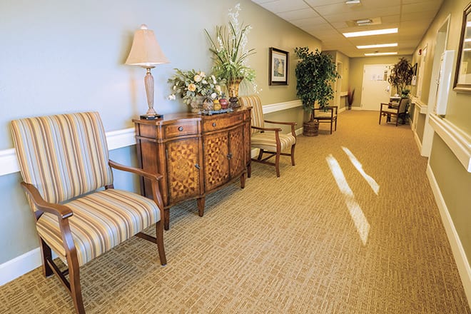 A well-decorated hallway featuring elegant furniture, plants, and soft lighting.