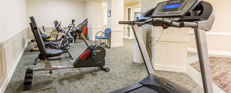 An indoor gym with a treadmill and stationary bike.