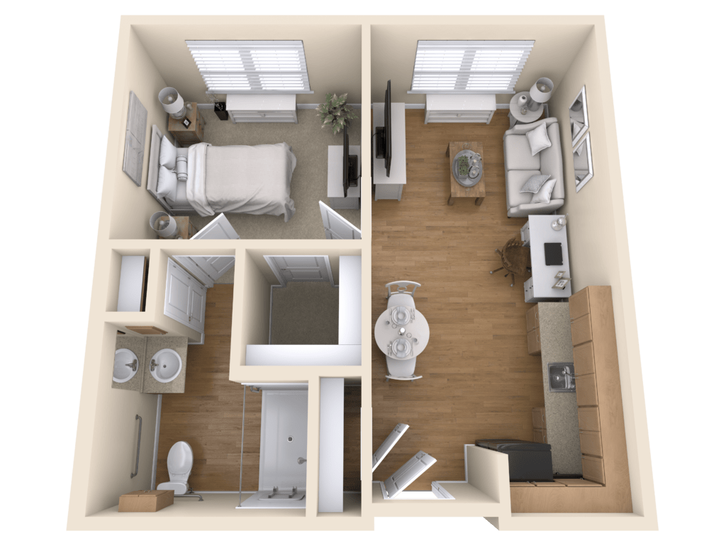 A 3D floor plan of a one-bedroom apartment with a living room, kitchen, and bathroom.