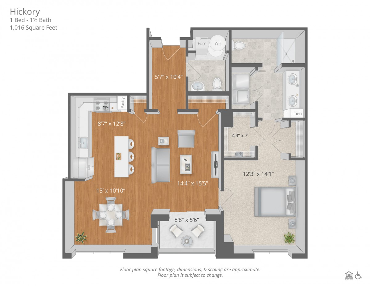 A detailed floor plan of an apartment featuring multiple rooms and amenities.