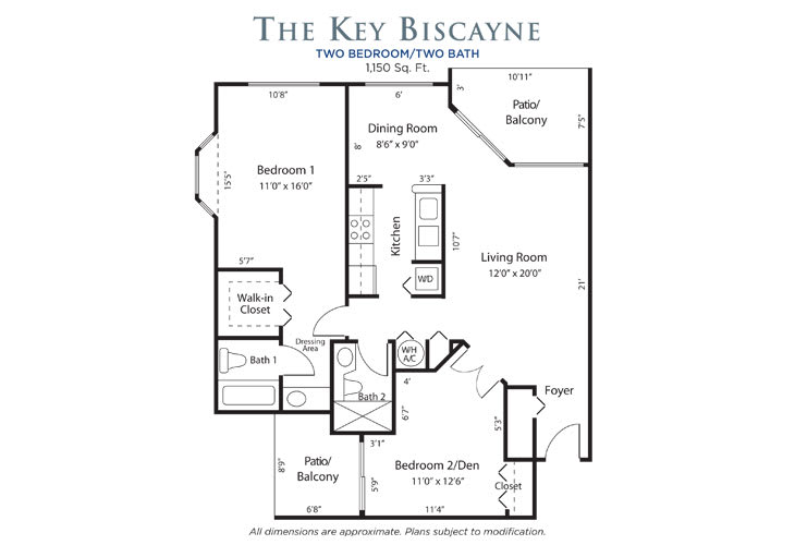 Floor plan of The Key Biscayne, featuring a two-bedroom, two-bath apartment with a dining room, living room, and balconies.