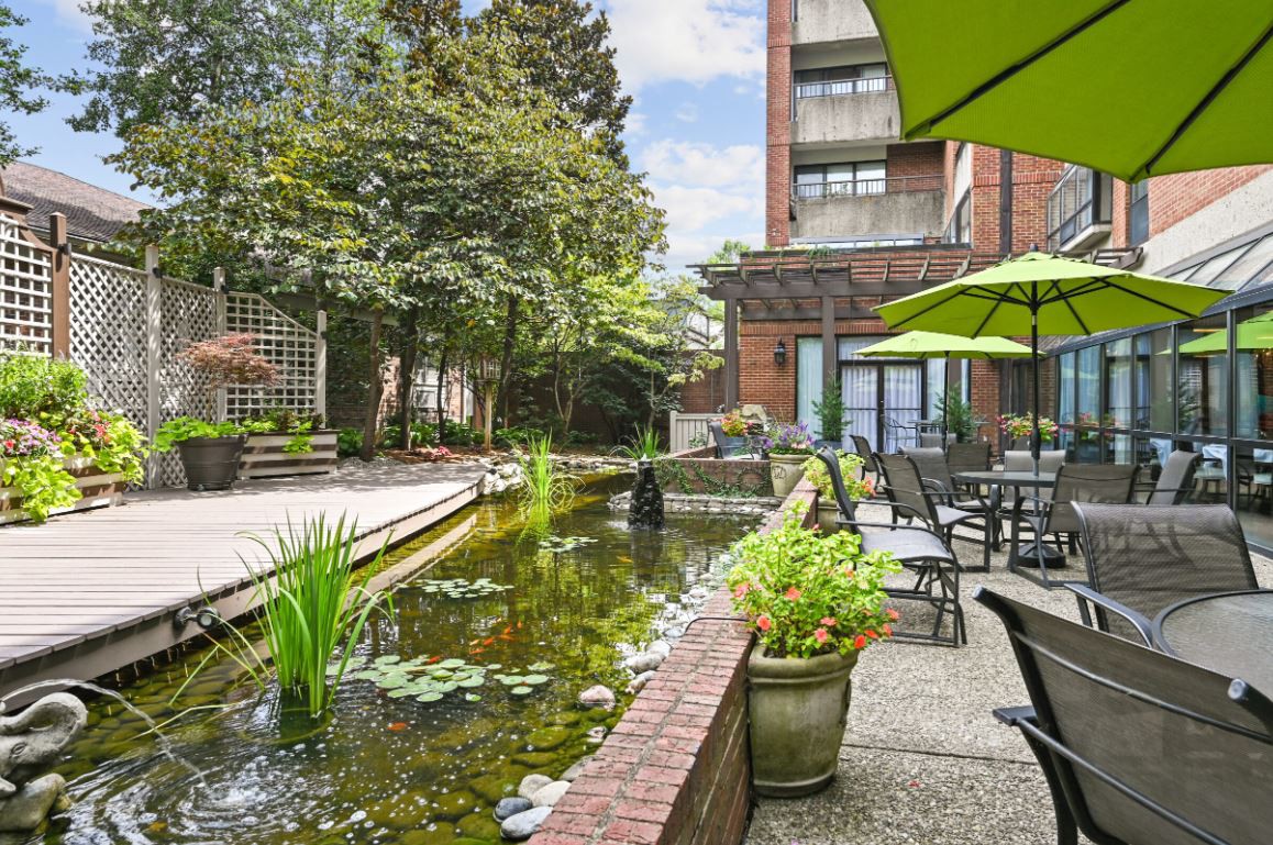 A tranquil outdoor garden with a pond and seating area under green umbrellas, adjacent to a building.