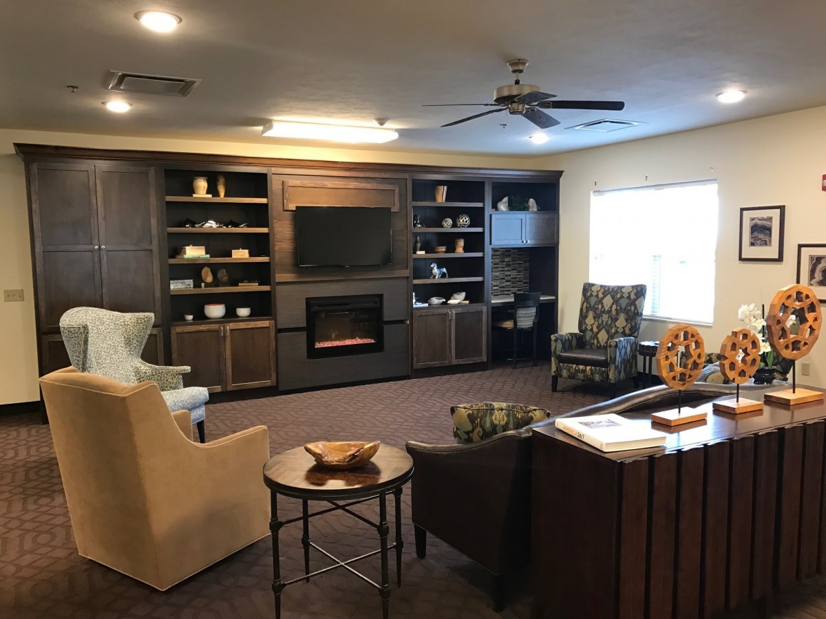 A cozy living room with modern furnishings, featuring a fireplace, television, and built-in shelves.