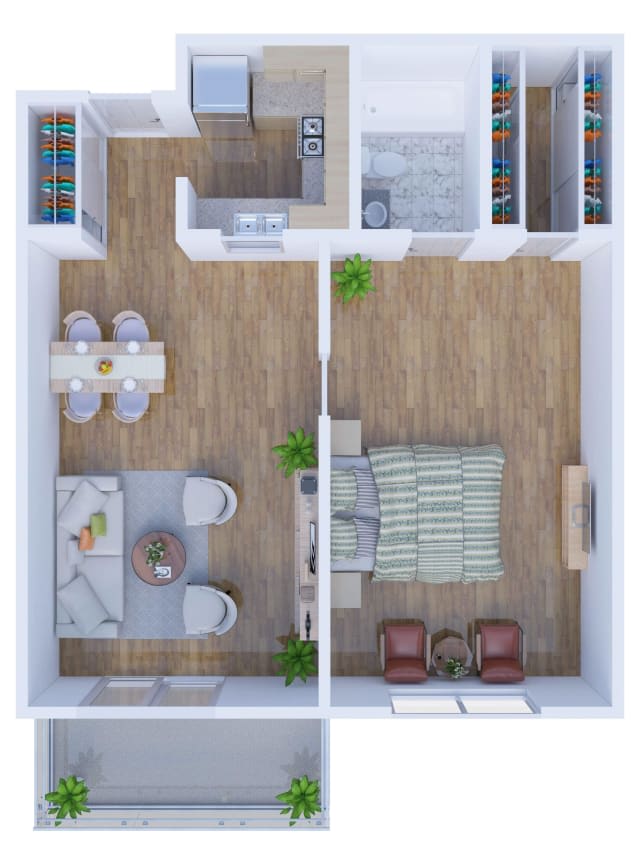 A top-down view of a one-bedroom apartment floor plan featuring a living room, kitchen, dining area, and bathroom.
