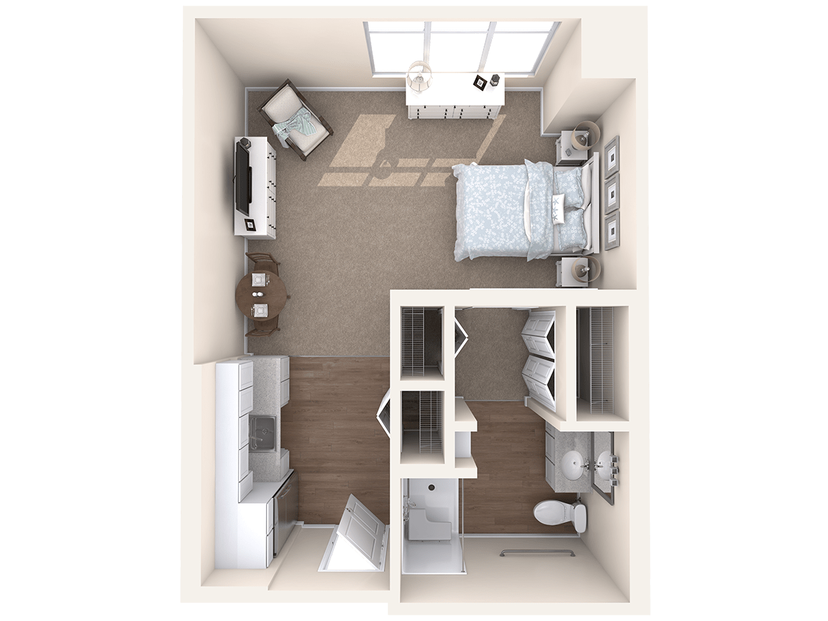 3D floor plan of a modern apartment featuring a bedroom, living area, and bathroom.