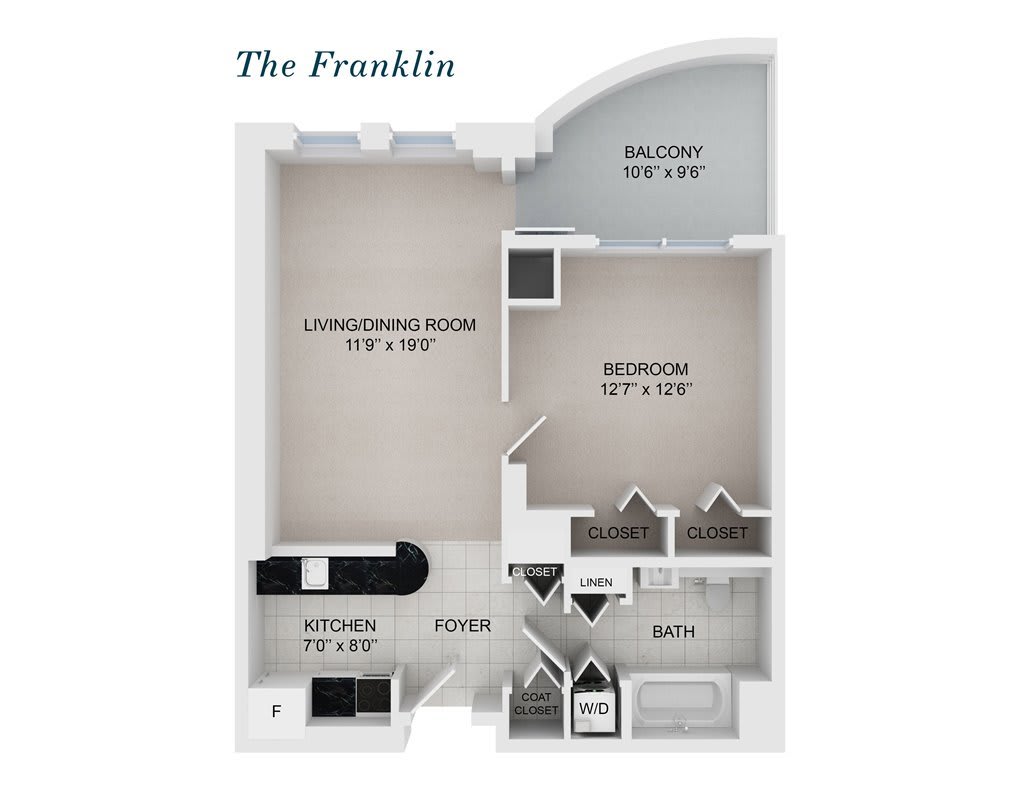 Floor plan of The Franklin apartment featuring a living room, one bedroom, a kitchen, bathroom, and balcony.