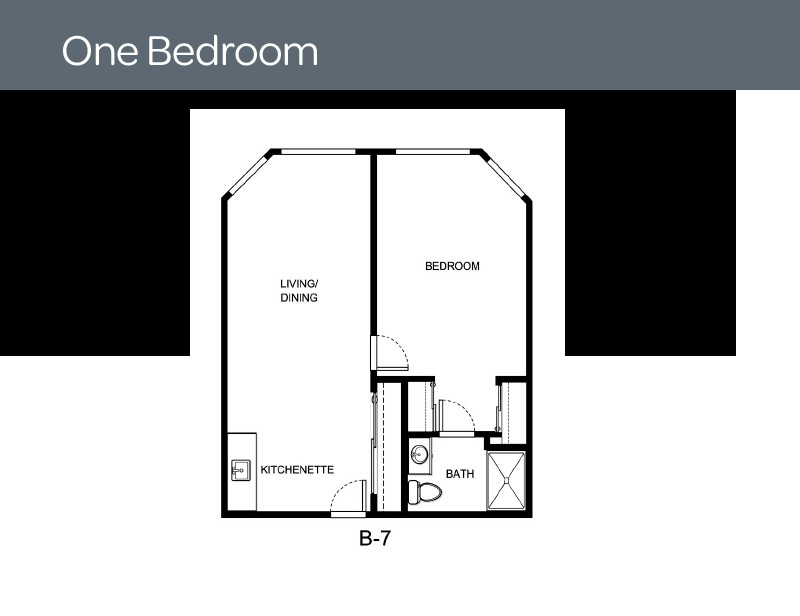 One-bedroom apartment floor plan layout.