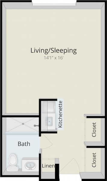 Floor plan of a studio apartment with living/sleeping area, kitchenette, and closet.