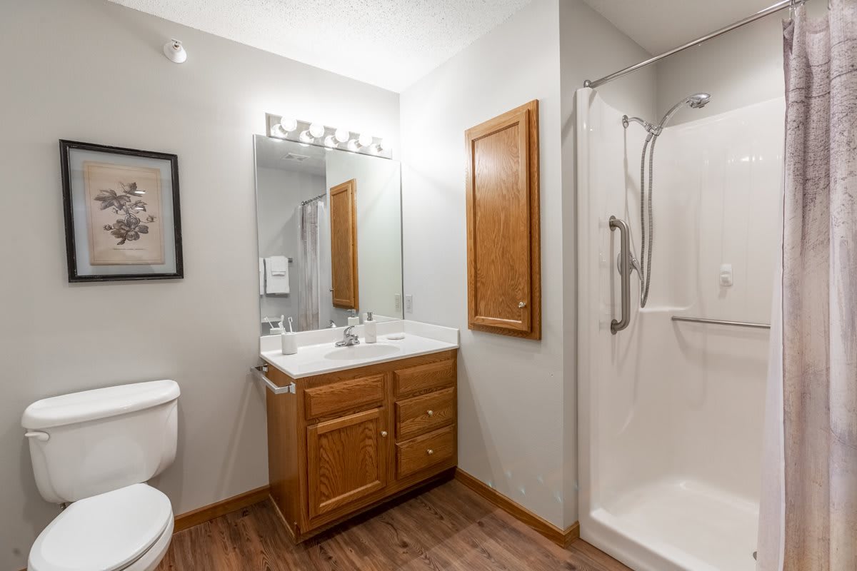 A modern bathroom featuring a sink with a mirror above, wooden cabinets, and a spacious shower.