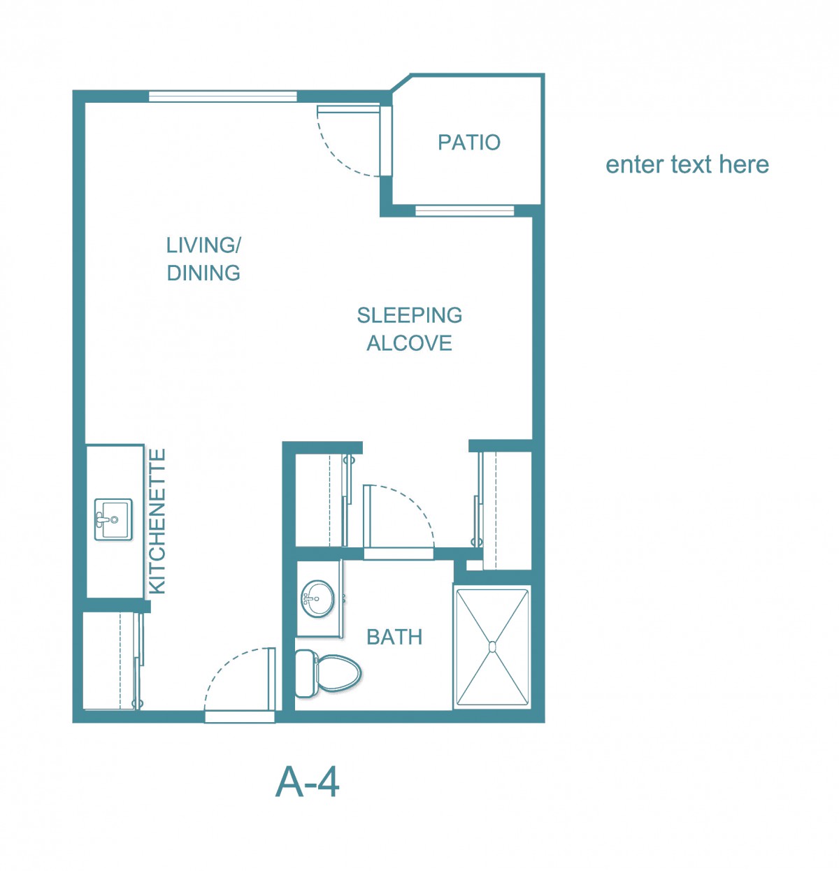 A studio apartment floor plan with designated areas for living/dining, sleeping alcove, kitchenette, and bathroom.