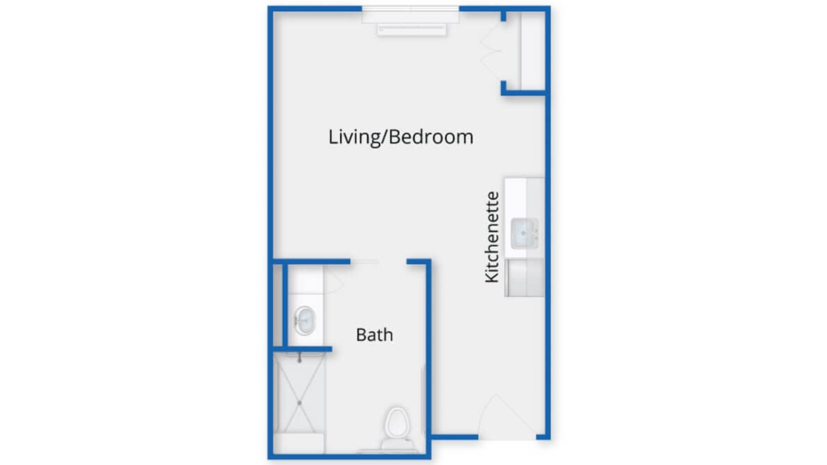 A simple studio apartment floor plan with a combined living and bedroom area, kitchenette, and bathroom.