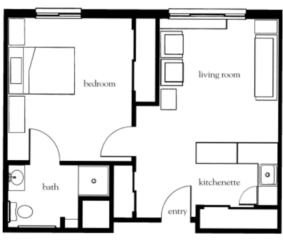 A simple floor plan of an apartment outlining the bedroom, living room, bath, and kitchen areas.