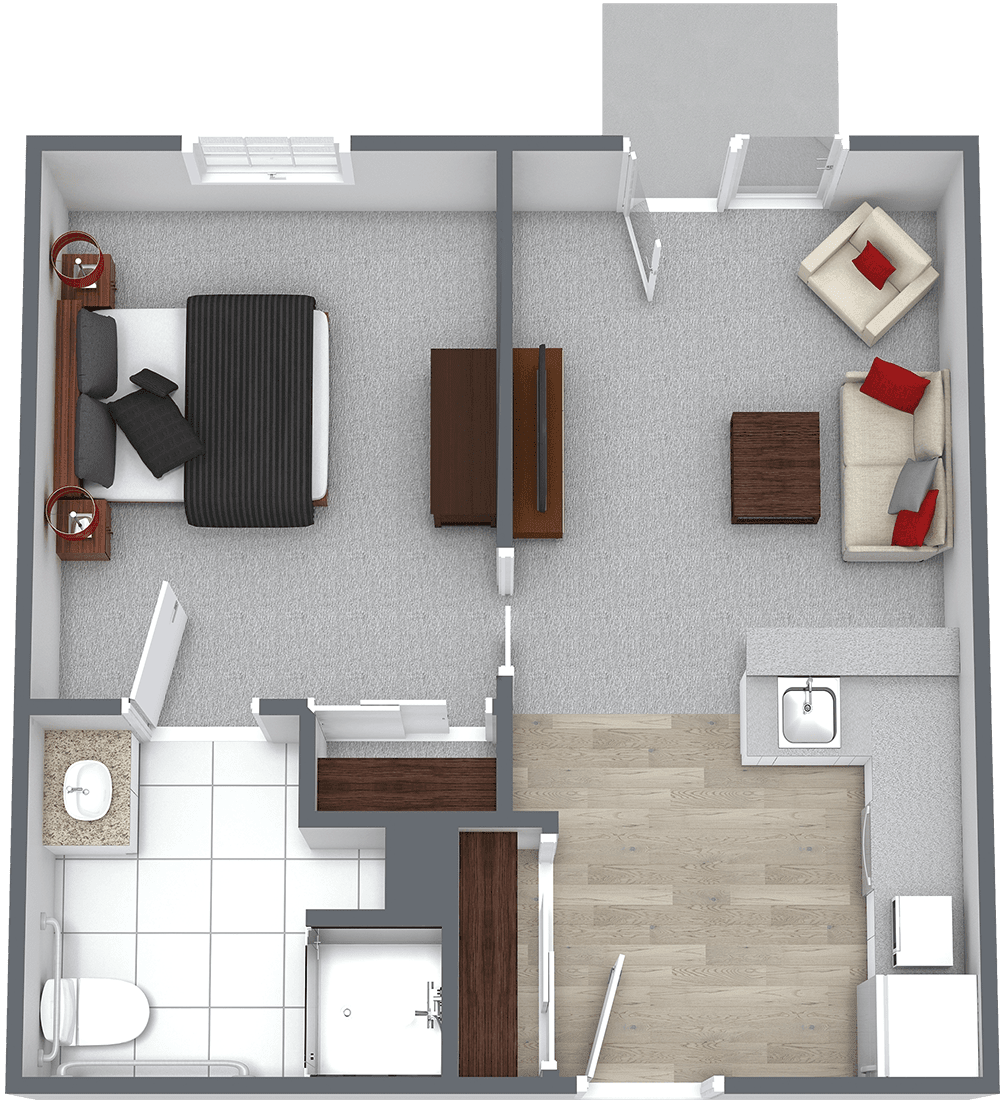 A 3D floor plan of a small one-bedroom apartment, featuring a living area, kitchen, and bathroom.