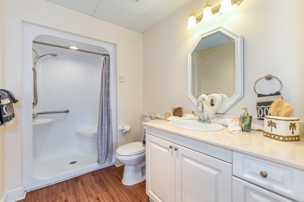 A cozy bathroom featuring a shower, sink with vanity, and a large mirror.
