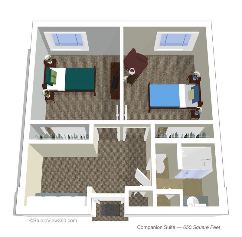 A detailed floor plan showing a two-bedroom apartment with a shared bathroom.