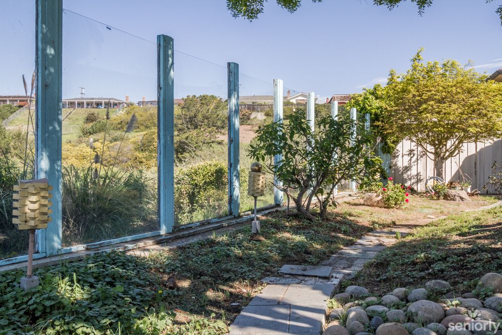 A serene garden with a pathway bordered by plants and a fence overlooking a scenic view.