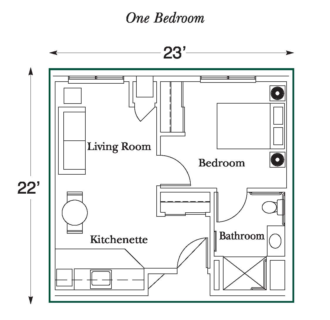 A floor plan of a one-bedroom apartment showcasing the layout of the living room, kitchenette, bedroom, and bathroom.