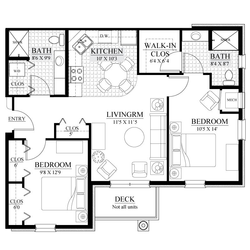 A floor plan of an apartment featuring two bedrooms, a kitchen, a living room, two bathrooms, walk-in closets, and a deck.