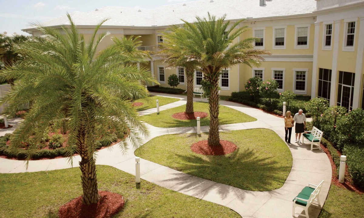 A sunny courtyard with palm trees and well-maintained walkways.