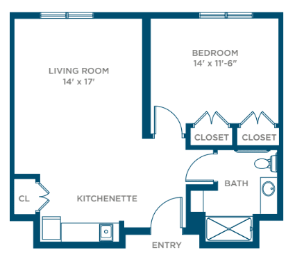 A floor plan of an apartment featuring a living room, bedroom, kitchenette, bathroom, and closets.