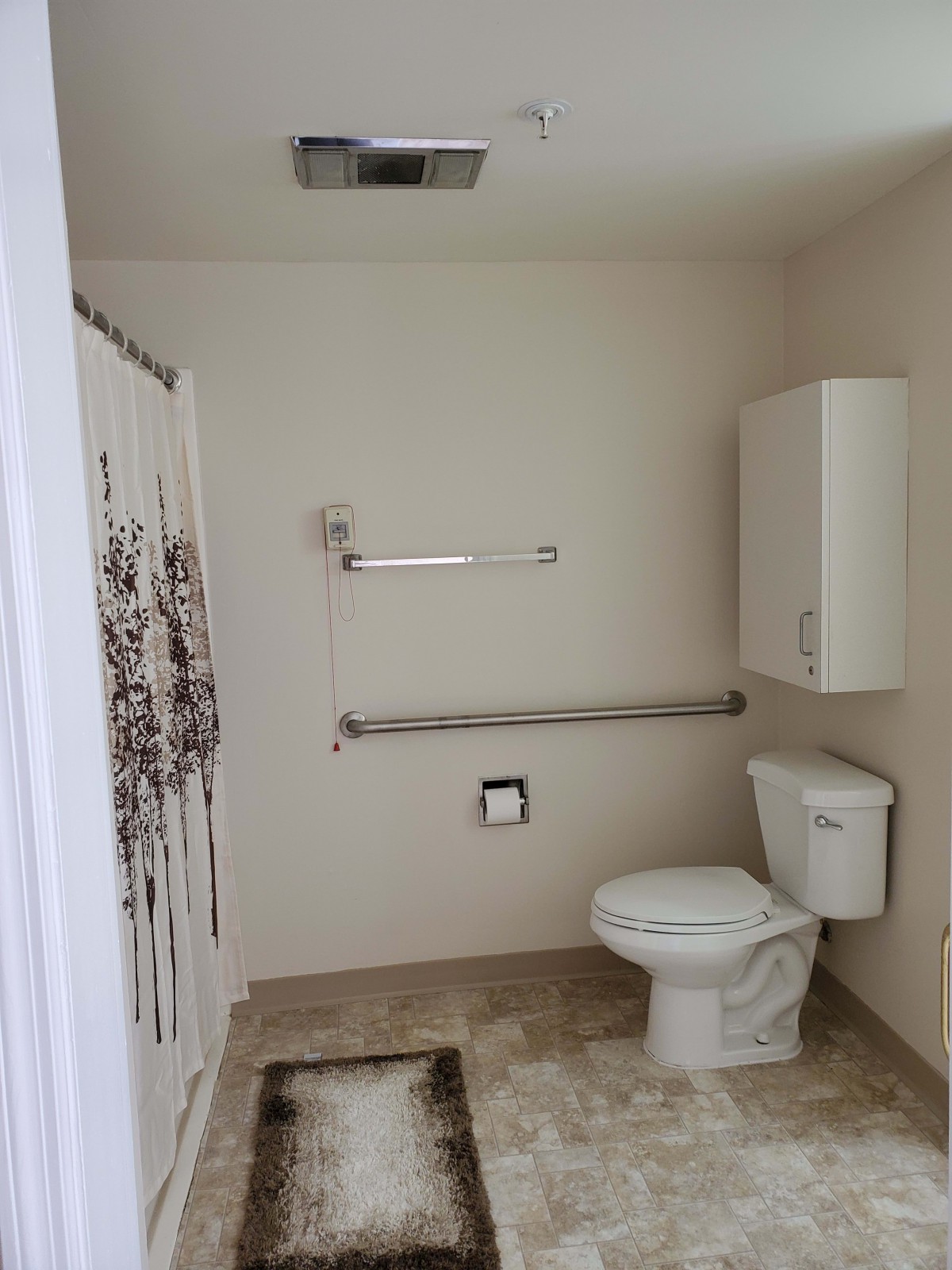 A bathroom with a toilet, grab bars for accessibility, and a shower curtain.