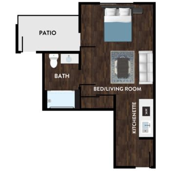 A floor plan of a studio apartment featuring a combined bedroom and living area, kitchen, bathroom, and a patio.