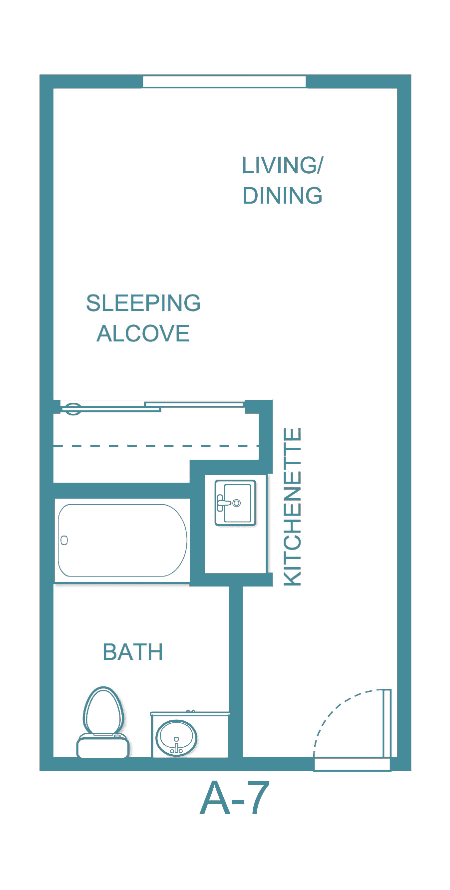 Studio apartment floor plan with sleeping alcove, bath, and kitchenette.