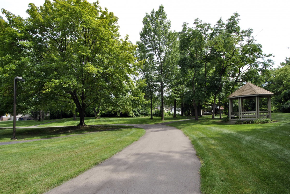 A serene pathway meandering through a lush park with abundant trees and greenery.