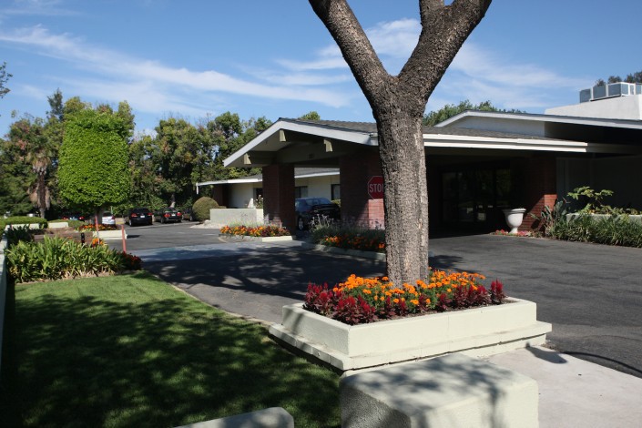 A suburban house with a tree and flower bed in the driveway on a sunny day.