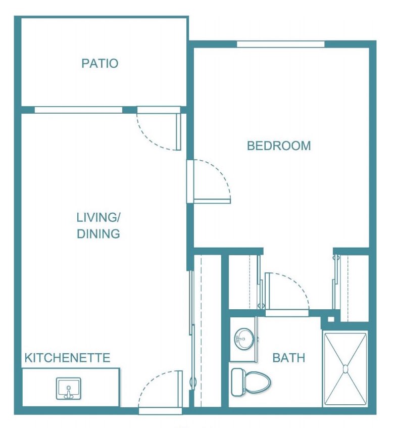 A floor plan of a one-bedroom apartment featuring a patio, living/dining area, kitchenette, bedroom, and bathroom.