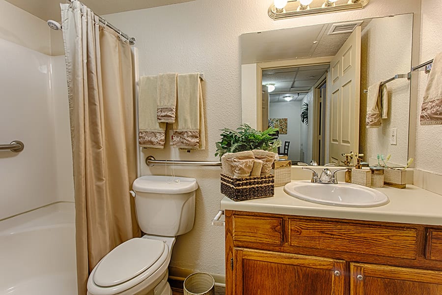 A neatly organized bathroom with a wooden vanity, a toilet, and a shower curtain.