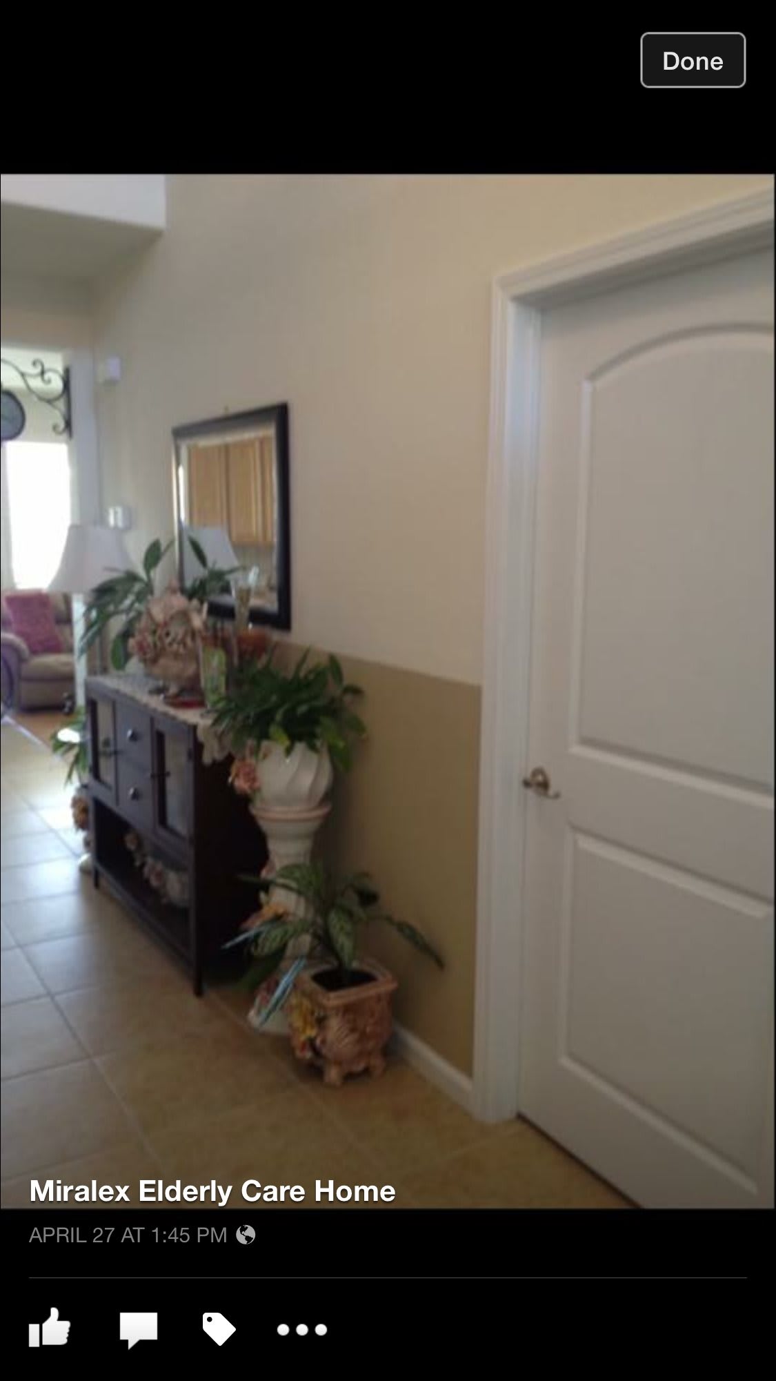 A cozy hallway featuring a side table with plants and a mirror, leading to a room in the background.
