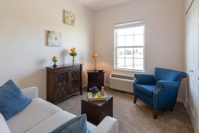 A cozy living room featuring a blue armchair, sofa, and decorative elements.