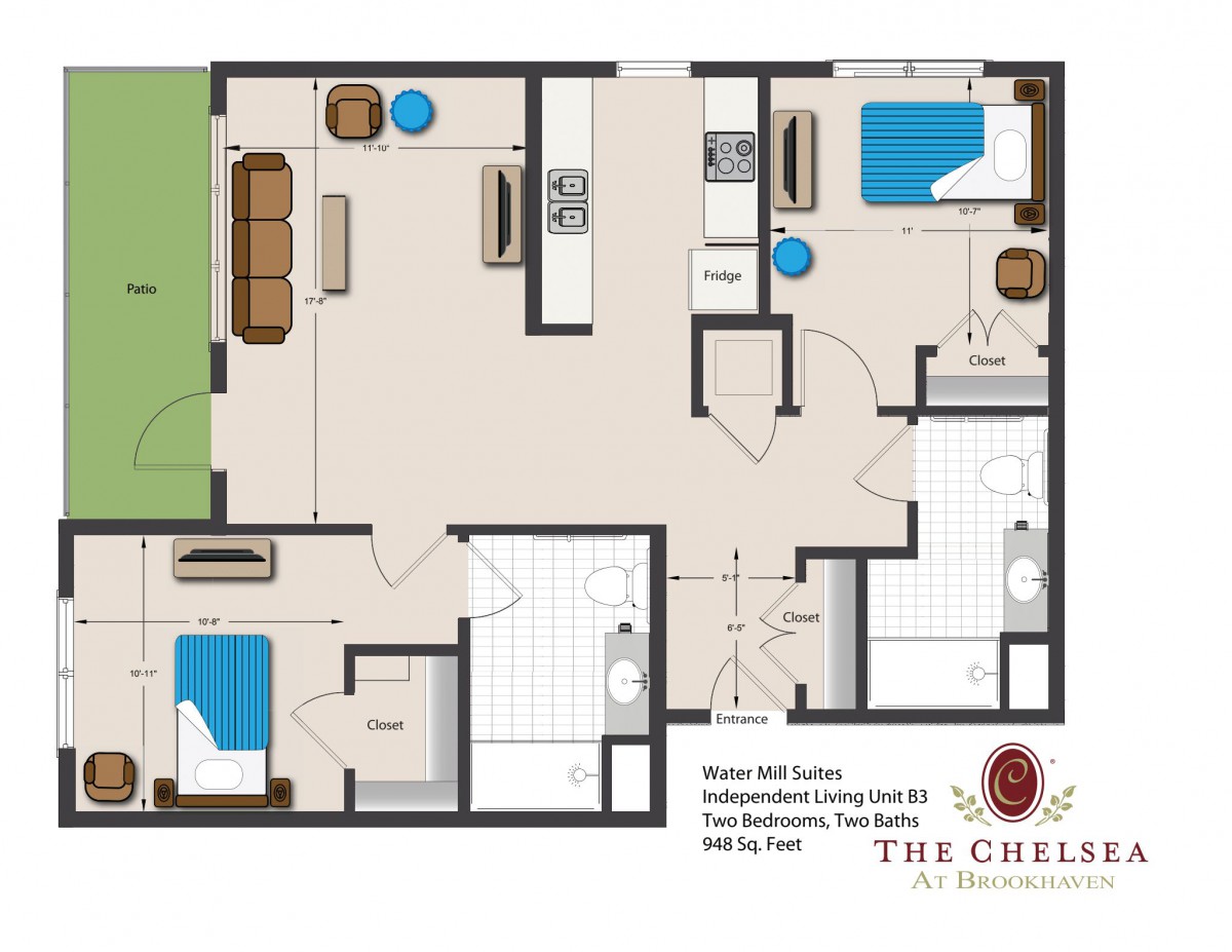 Floor plan of a two-bedroom apartment with living room, kitchen, two bathrooms, and a balcony.
