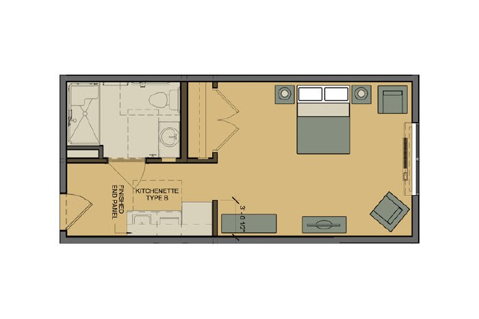 This image depicts a floor plan of a small apartment with a bedroom, bathroom, and living area.