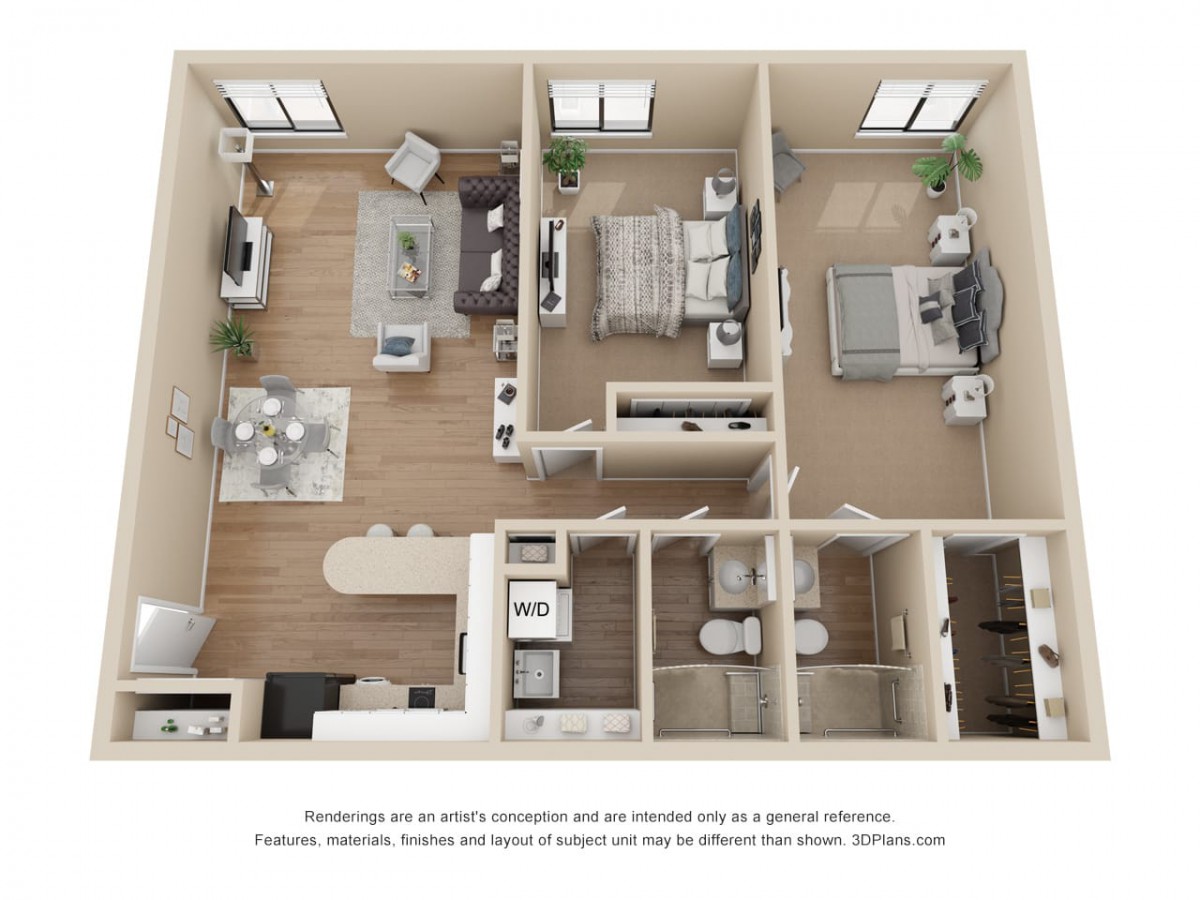 An overhead view of a modern apartment floor plan showcasing a spacious layout with living room, kitchen, two bedrooms, and two bathrooms.