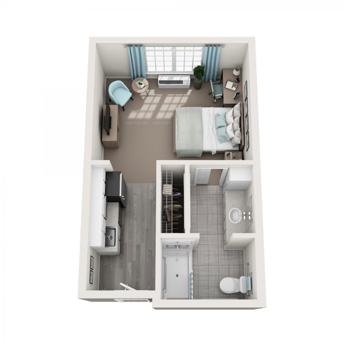 A 3D rendered floor plan of a compact studio apartment featuring a bedroom, bathroom, and kitchen area.