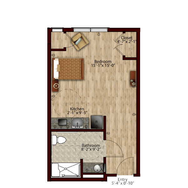 This is a floor plan of a studio apartment, showcasing the layout and interior design.