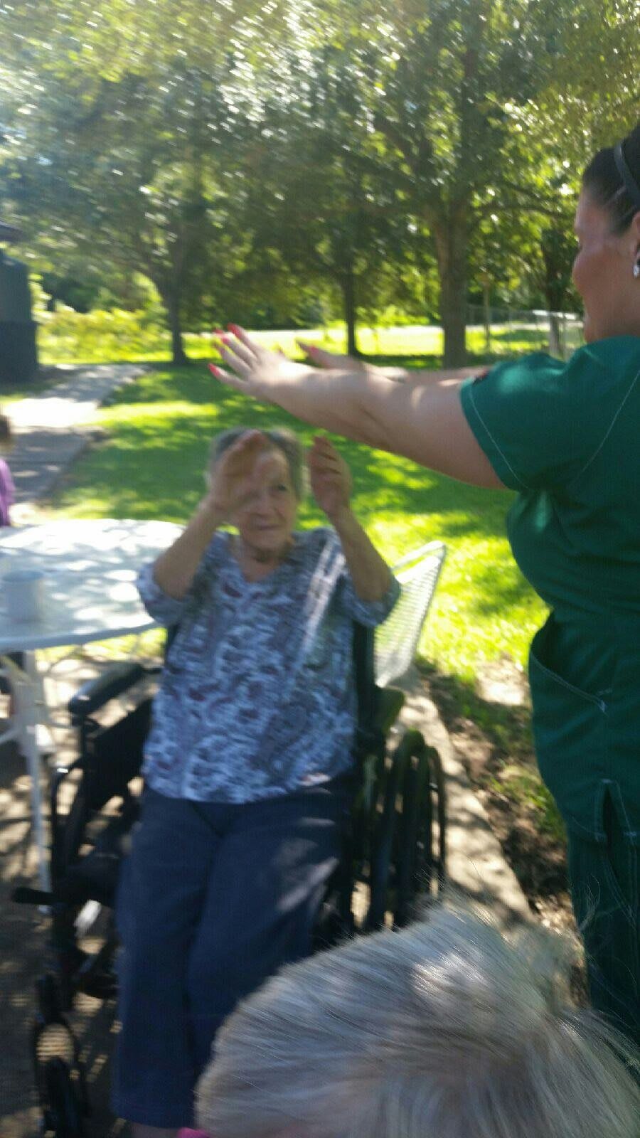 A person in a wheelchair interacts with another person outside on a sunny day.