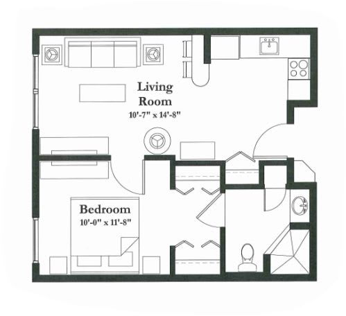 A floor plan of a one-bedroom apartment featuring a living room, kitchen, and bathroom.