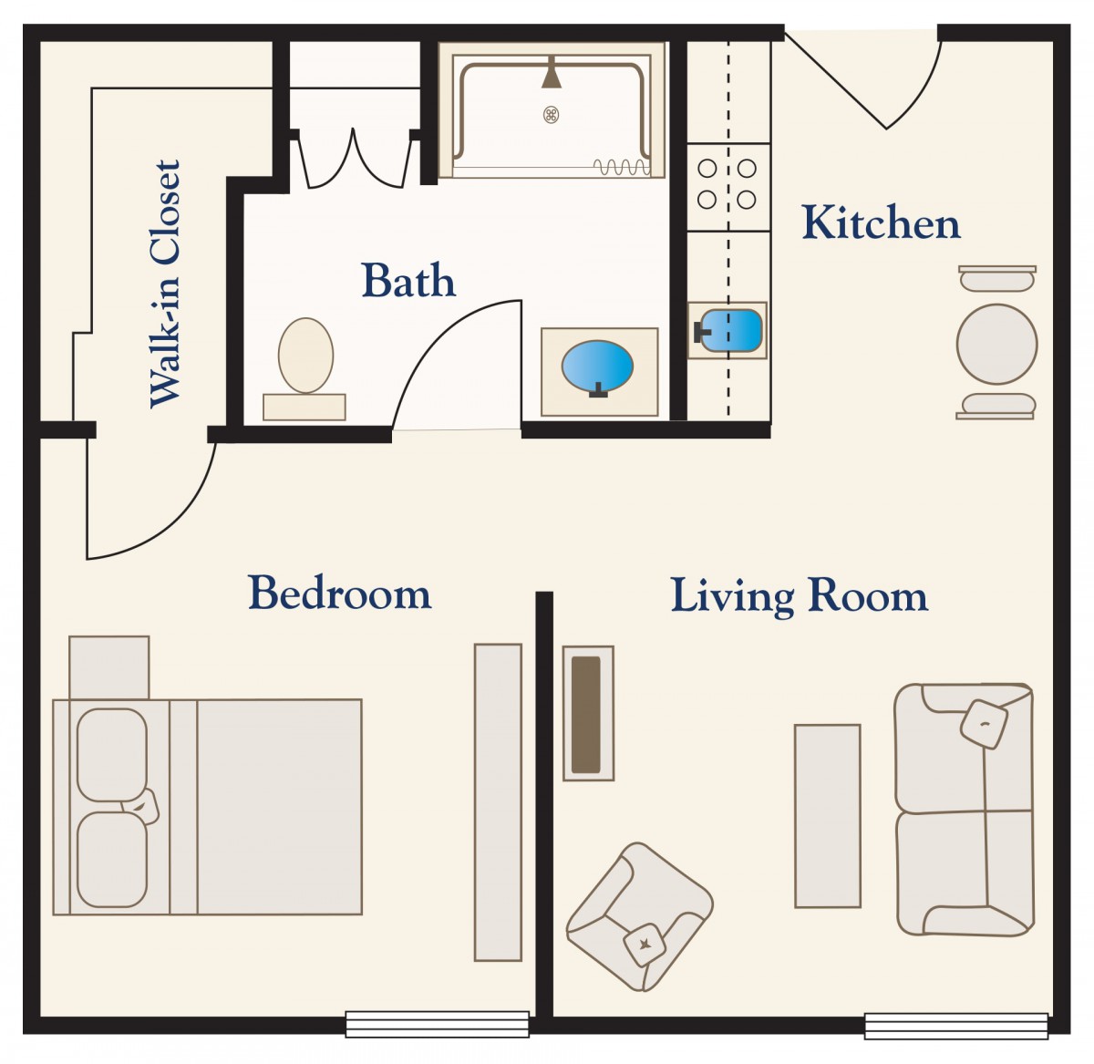 An illustrated floor plan of a one-bedroom apartment with a kitchen, bathroom, living room, and walk-in closet.