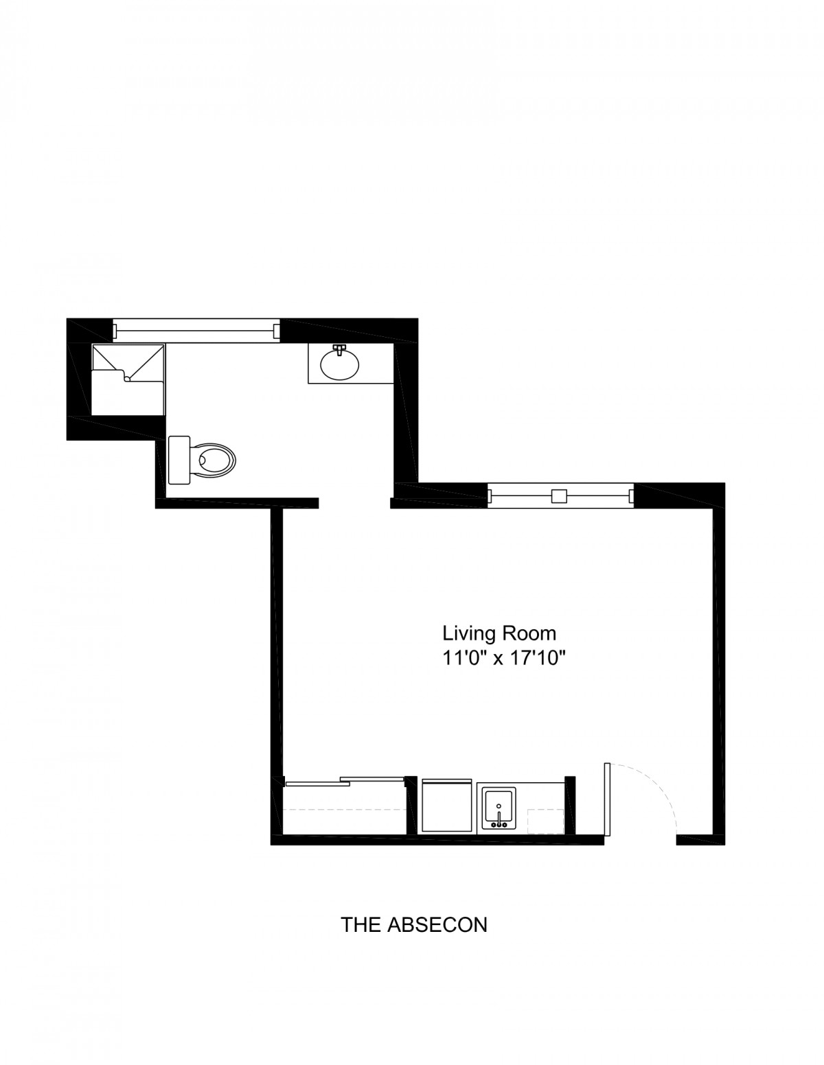 A detailed floor plan of a studio apartment, showing room dimensions and layout.