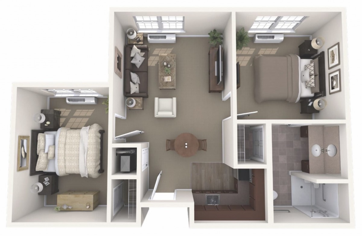 A 3D floor plan of a two-bedroom apartment with a living room, kitchen, and bathroom.