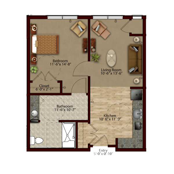 A detailed floor plan of a one-bedroom apartment featuring a living room, kitchen, and bathroom.