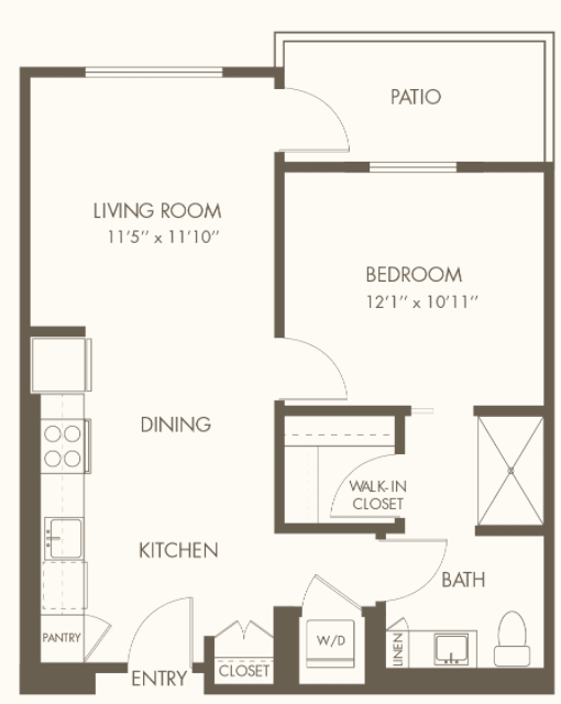 A detailed floor plan of a one-bedroom apartment with designated areas for the living room, kitchen, dining space, bathroom, and patio.